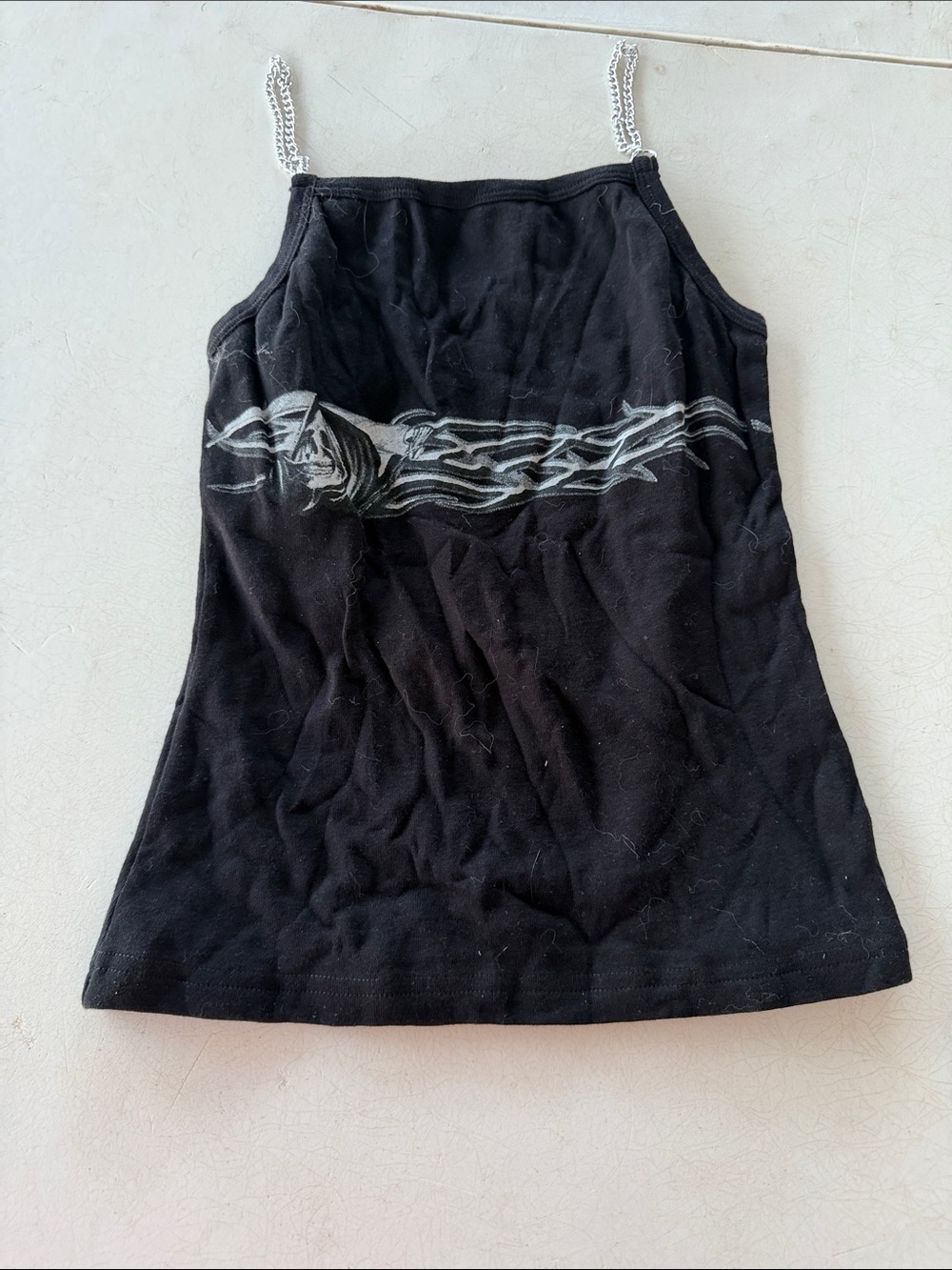 Twin Black Tank Top with Silver Graphic and Chain Straps